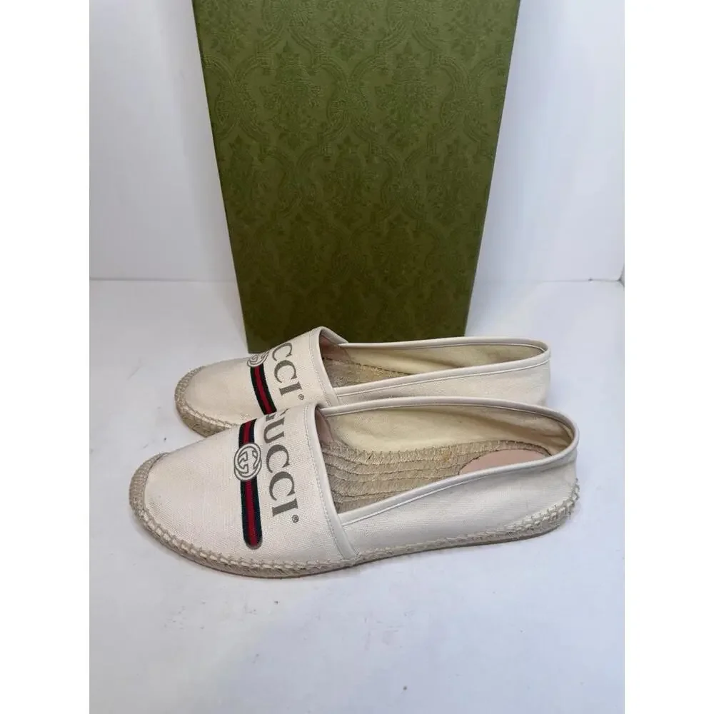 Gucci GG Logo Canvas Espadrilles Beige Green Red Stripe Men EU 42 New Box - Picture 2 of 6